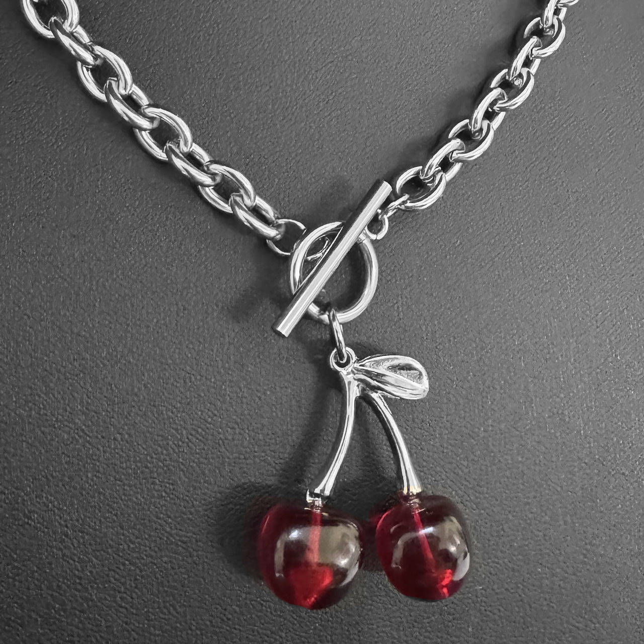 Stainless Steel Red Cherry T-Bar Necklace