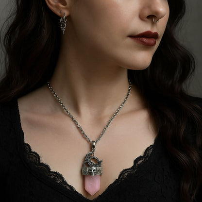 Rose Quartz Skull Moon Crystal Point Necklace