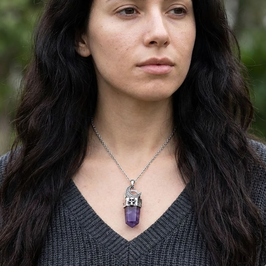 Amethyst Skull Moon Crystal Point Necklace