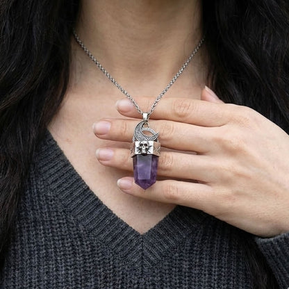 Amethyst Skull Moon Crystal Point Necklace