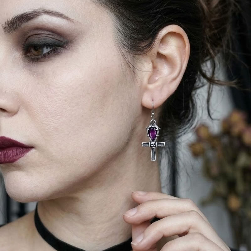 Sterling Silver Ankh Skull Drop Earrings
