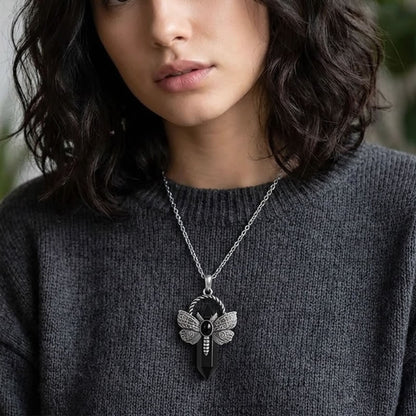 Black Obsidian Moth Crystal Point Necklace