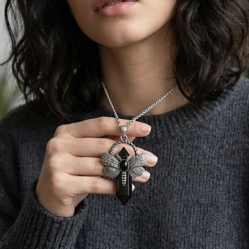 Black Obsidian Moth Crystal Point Necklace