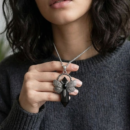 Black Obsidian Moth Crystal Point Necklace
