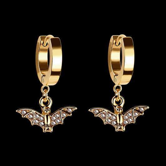 Bat Charm Hoop Earrings (Gold)