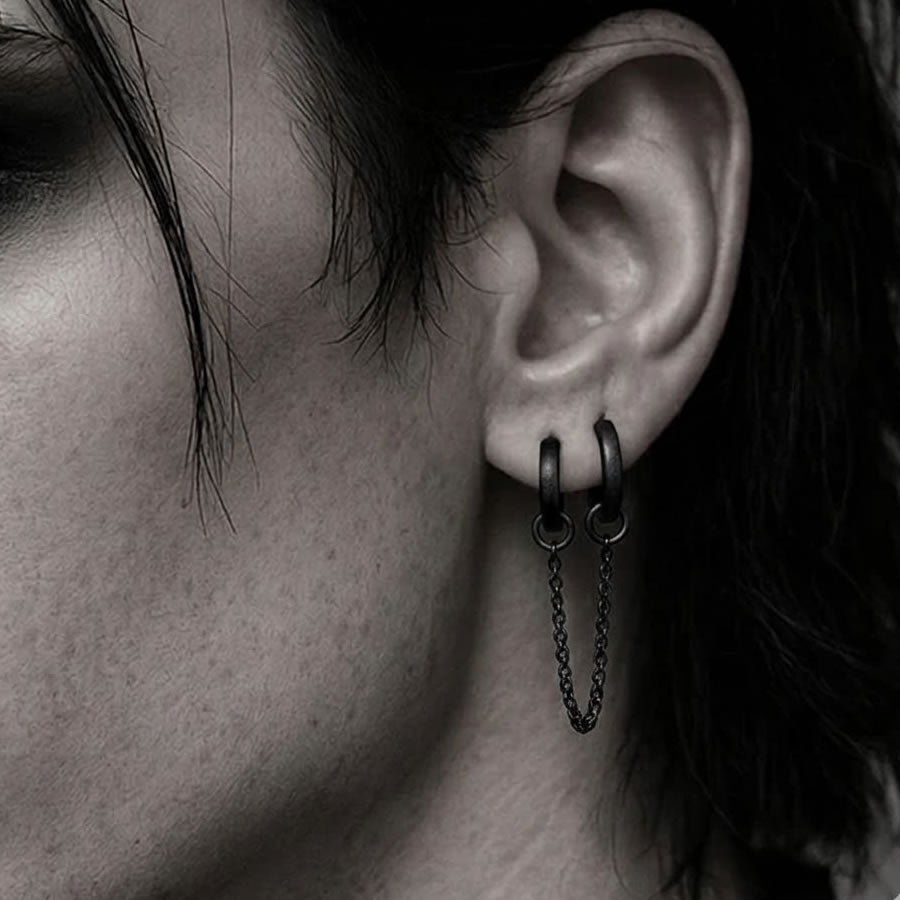 Black Double Piercing Chain Drop Hoop Earring