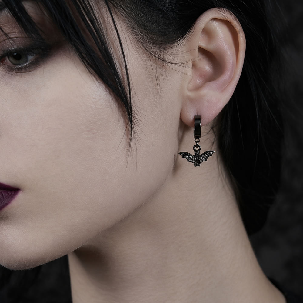Bat Charm Hoop Earrings (Black)