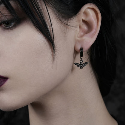 Bat Charm Hoop Earrings (Black)
