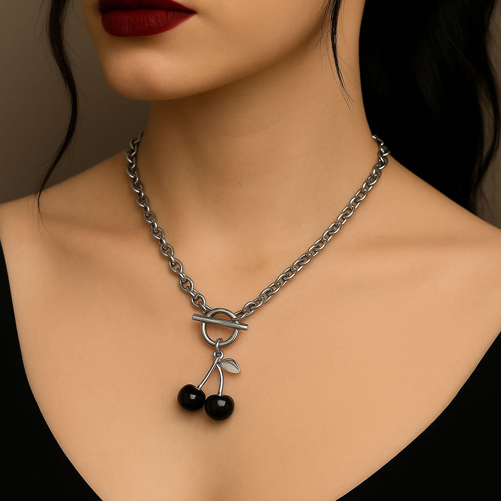 Stainless Steel Black Cherry T-Bar Necklace