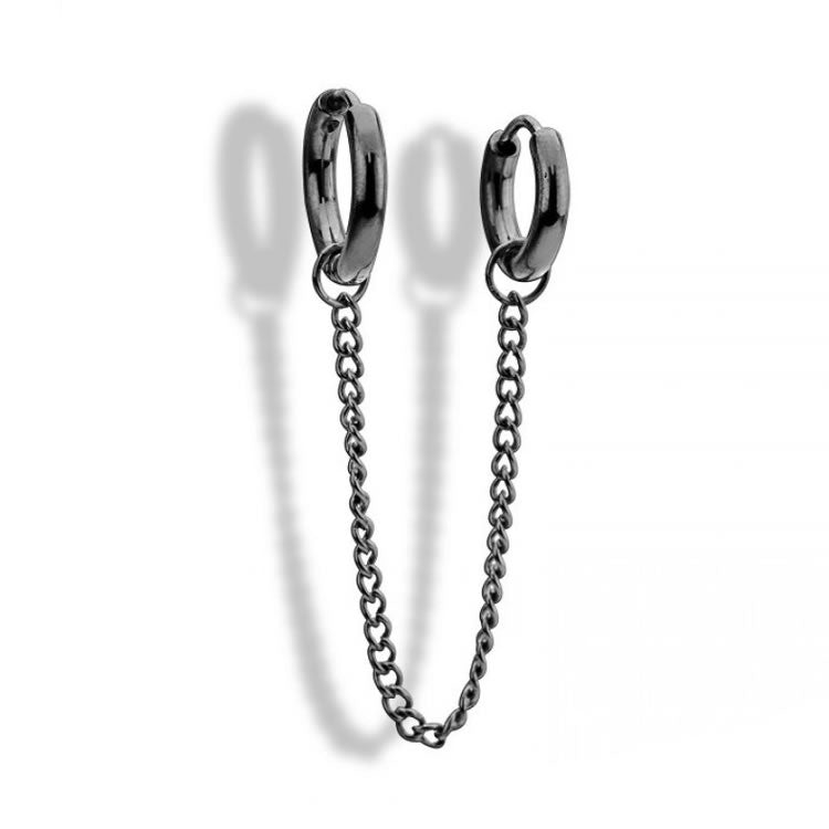 Black Double Piercing Chain Drop Hoop Earring