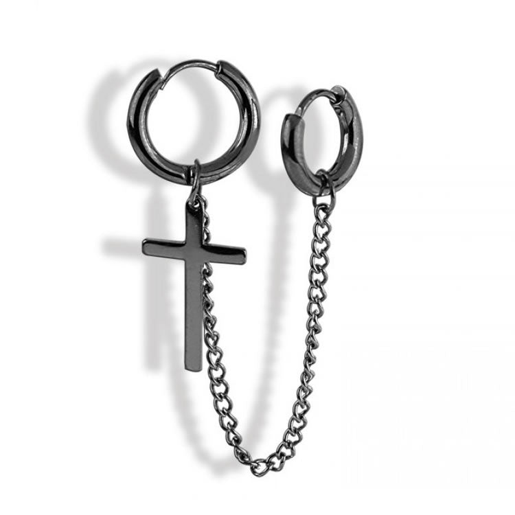 Black Double Piercing Cross Chain Drop Hoop Earring