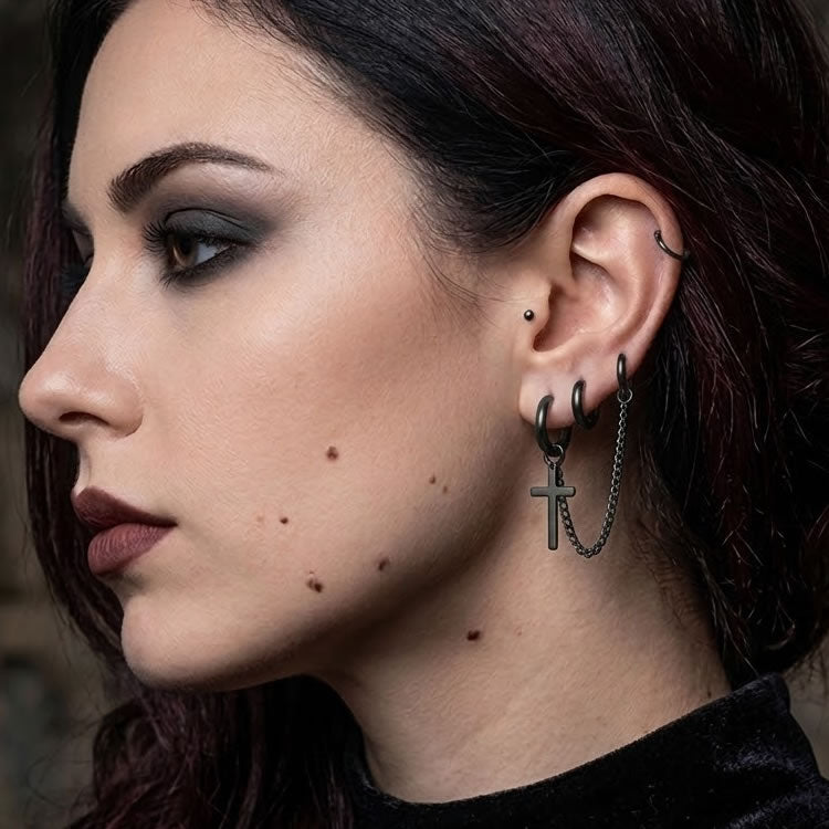 Black Double Piercing Cross Chain Drop Hoop Earring