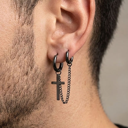 Black Double Piercing Cross Chain Drop Hoop Earring