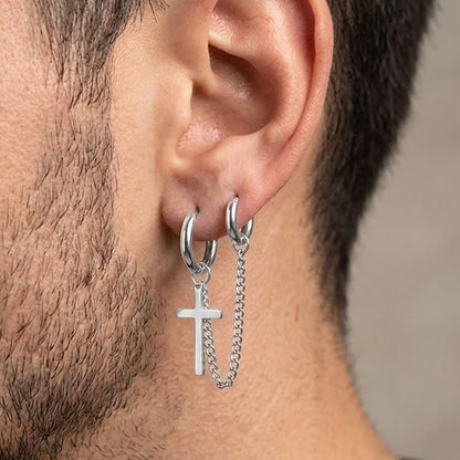 Double Piercing Cross Chain Drop Hoop Earring