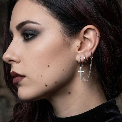 Double Piercing Cross Chain Drop Hoop Earring