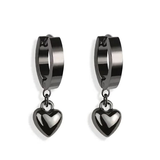 Black Steel Heart Hoop Earrings