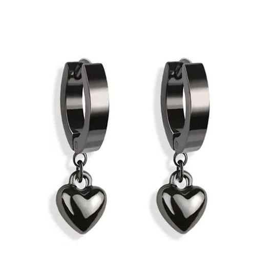 Black Steel Heart Hoop Earrings