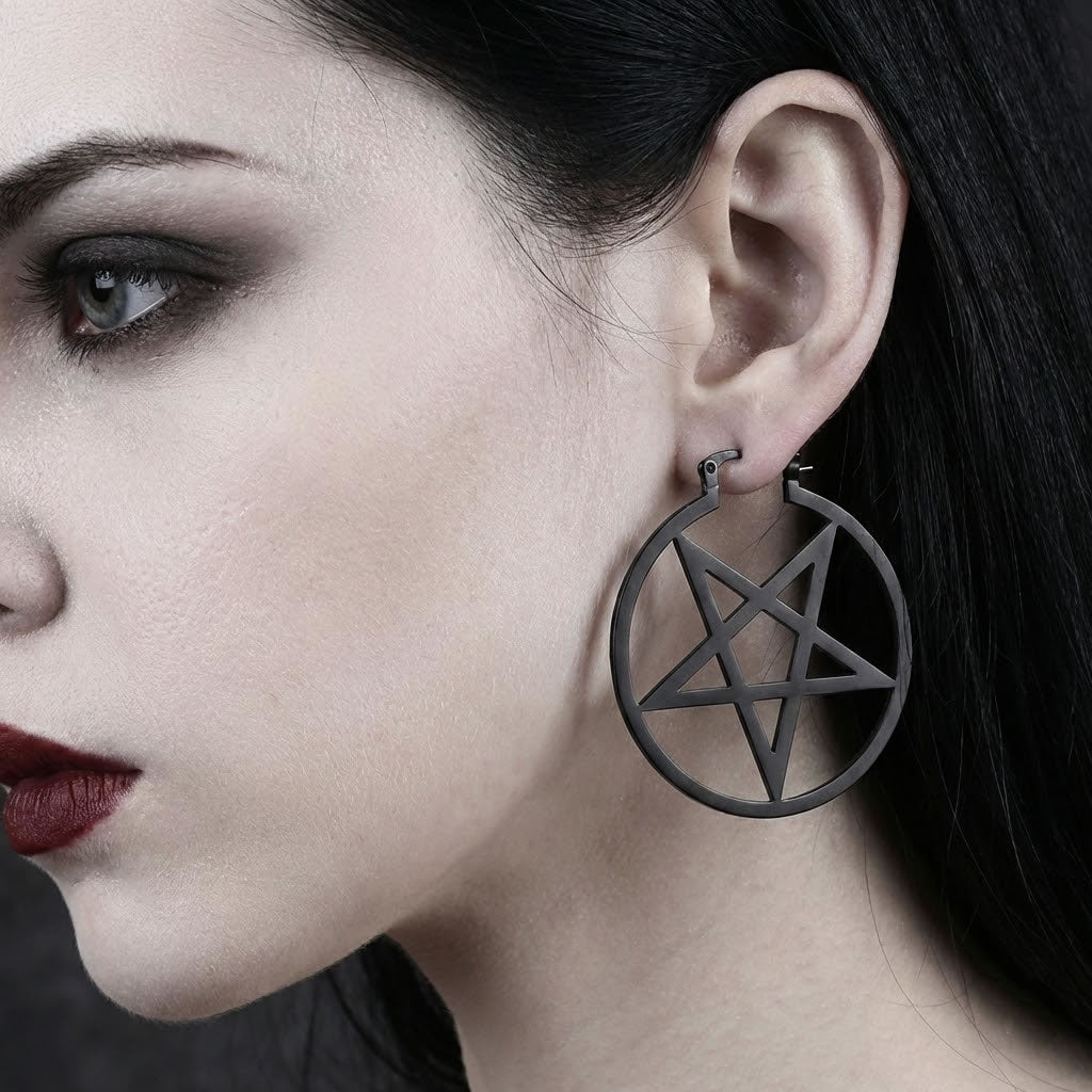 Black Pentacle Hoop Earrings