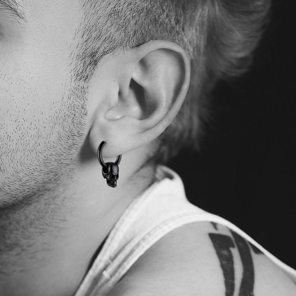 Stainless Steel Black Skull Hoop Earrings