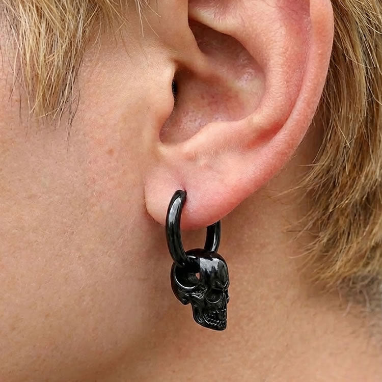 Stainless Steel Black Skull Hoop Earrings