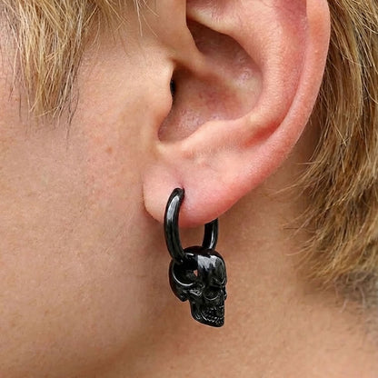 Stainless Steel Black Skull Hoop Earrings