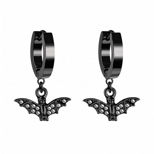 Bat Charm Hoop Earrings (Black)