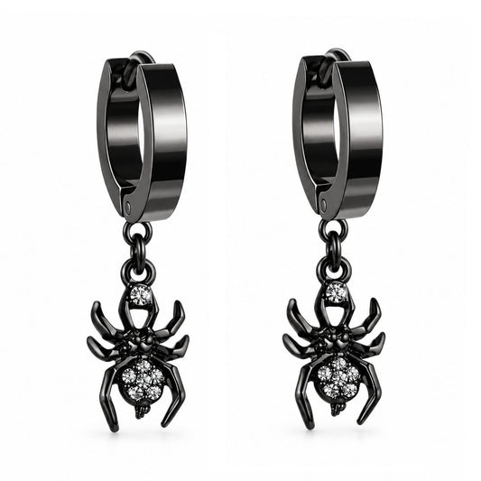 Spider Charm Hoop Earrings (Black)