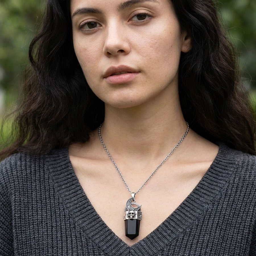 Black Obsidian Skull Moon Crystal Point Necklace