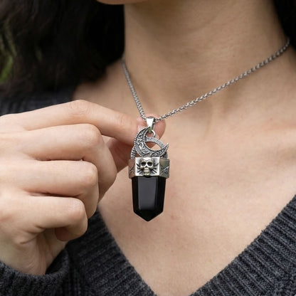 Black Obsidian Skull Moon Crystal Point Necklace