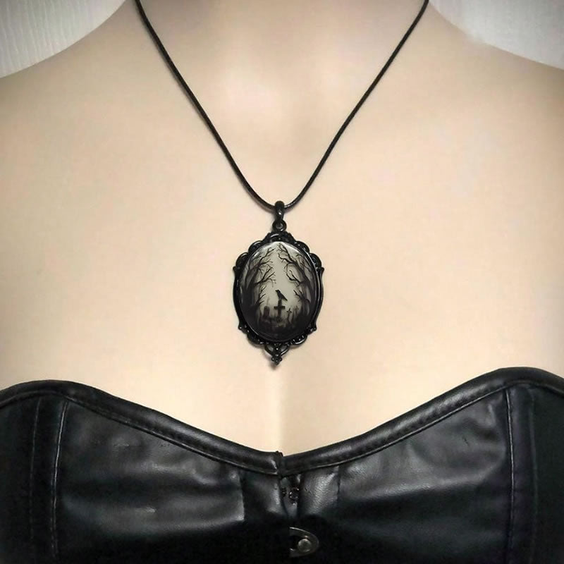 Gothic Raven Cemetery Scene Cameo Necklace