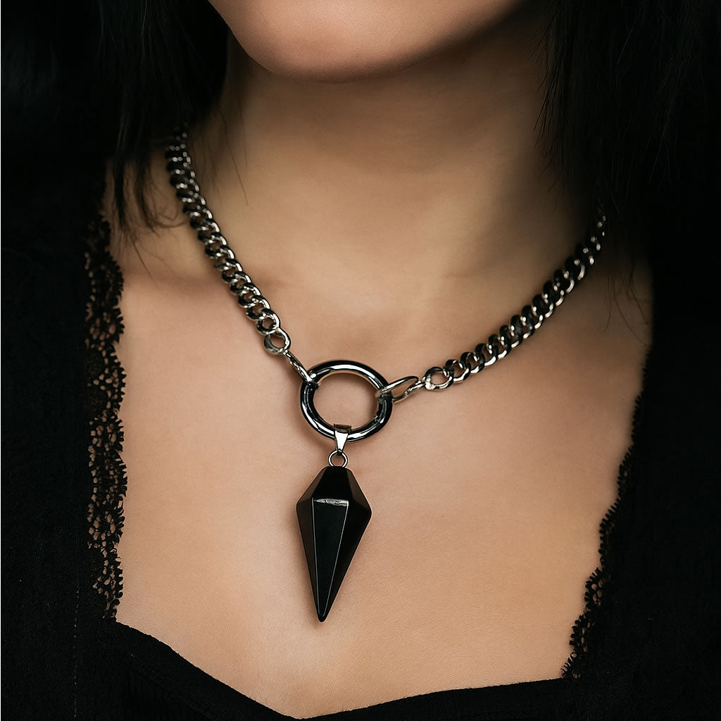 Stainless Steel Chunky Obsidian Pendulum Necklace