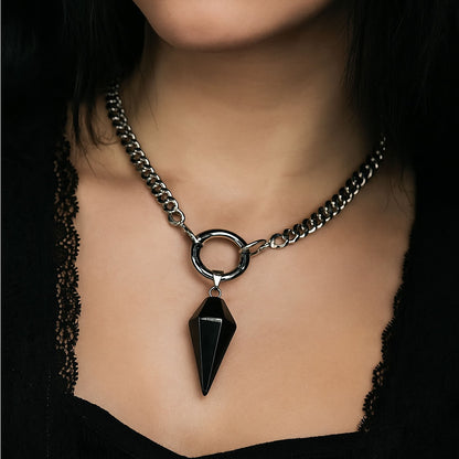 Stainless Steel Chunky Obsidian Pendulum Necklace