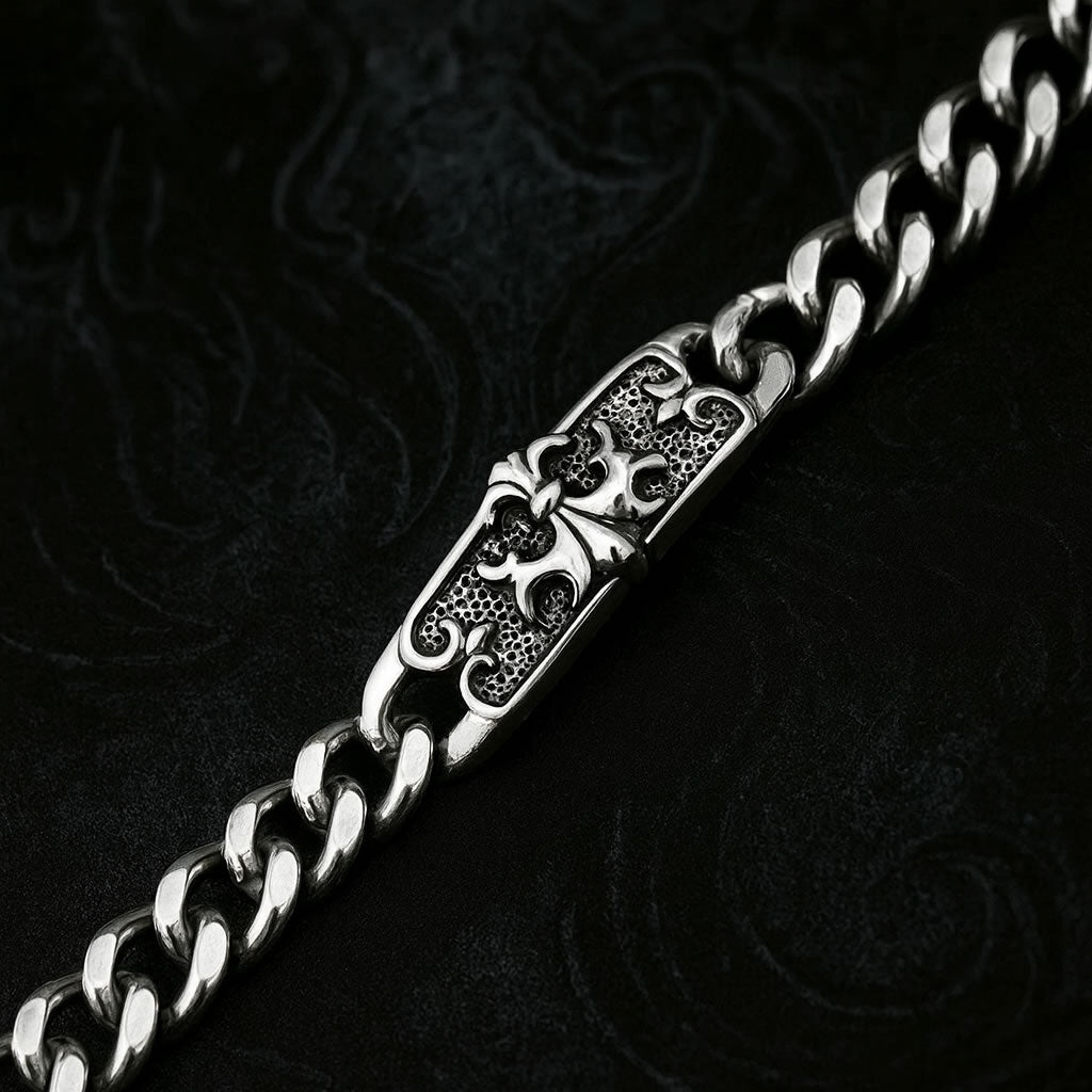 Stainless Steel Fleur-De-Lis Chunky Curb Chain Bracelet