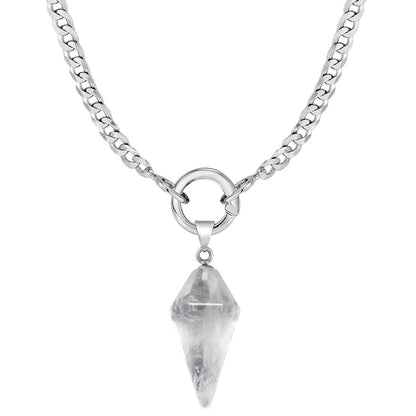 Stainless Steel Chunky Quartz Crystal Pendulum Necklace
