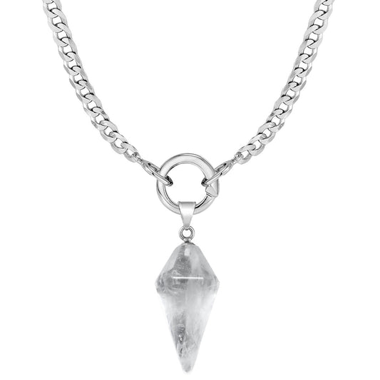Stainless Steel Chunky Quartz Crystal Pendulum Necklace