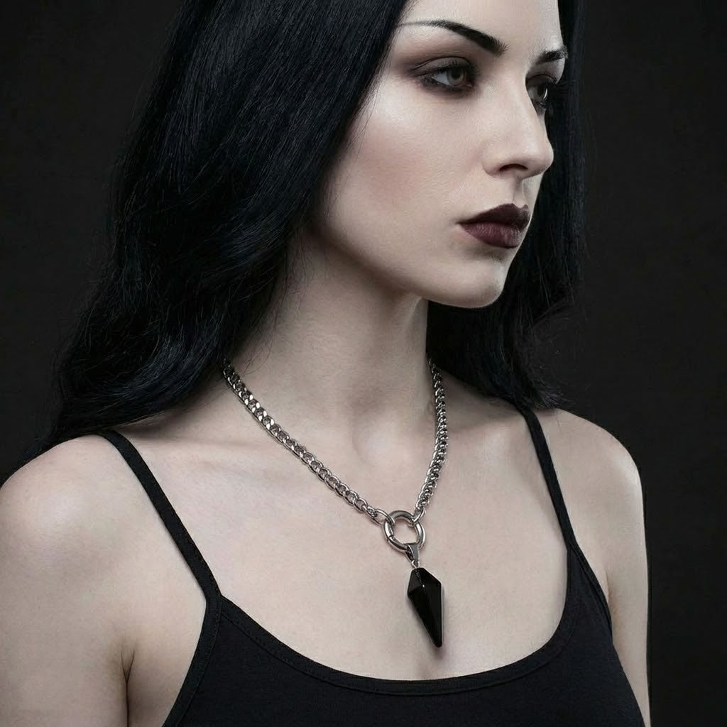 Stainless Steel Chunky Obsidian Pendulum Necklace