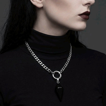 Stainless Steel Chunky Obsidian Pendulum Necklace