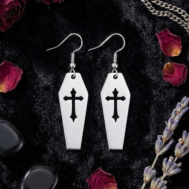 Cut-Out Cross Coffin Drop Earrings