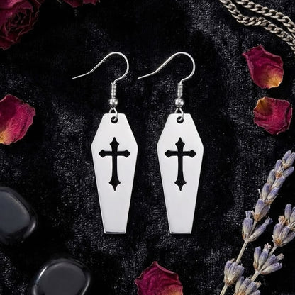Cut-Out Cross Coffin Drop Earrings