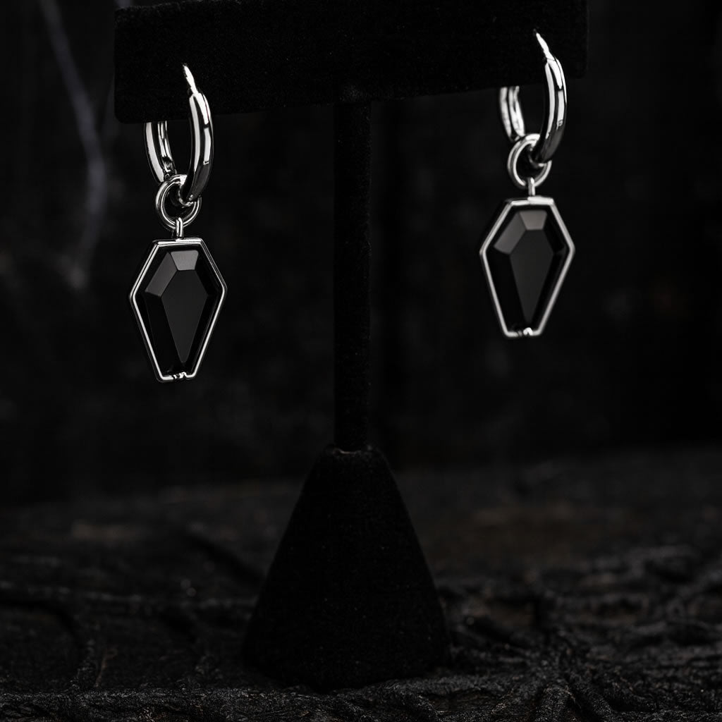 Black Stone Coffin Charm Hoop Earrings