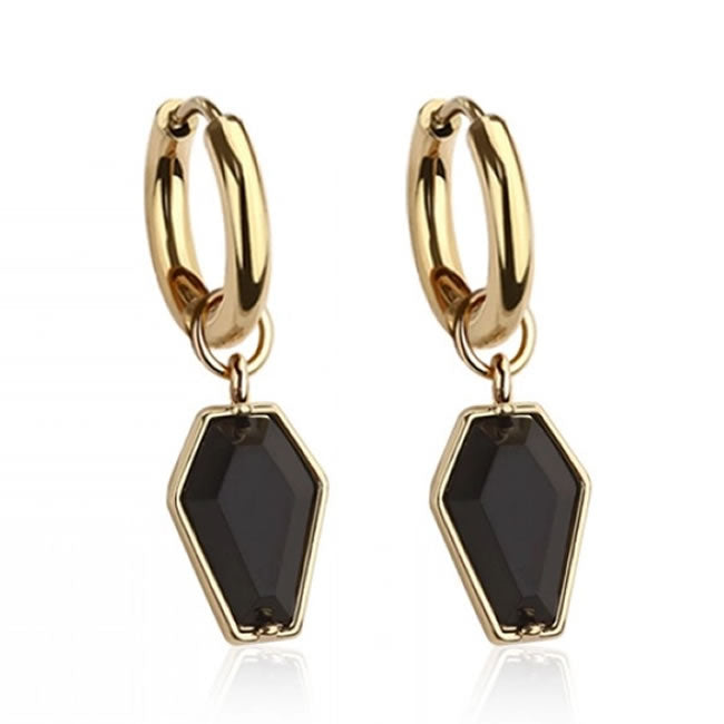 Black Stone Coffin Charm Hoop Earrings (Gold)