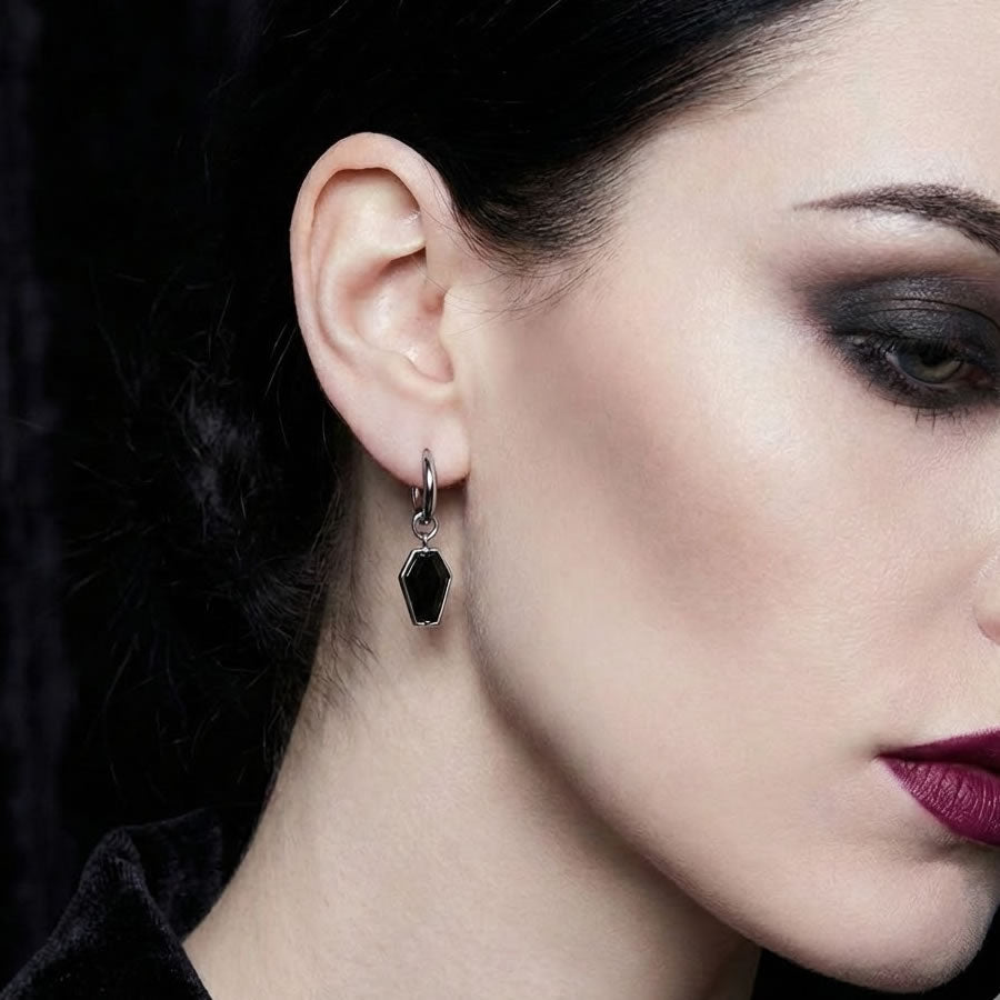 Black Stone Coffin Charm Hoop Earrings