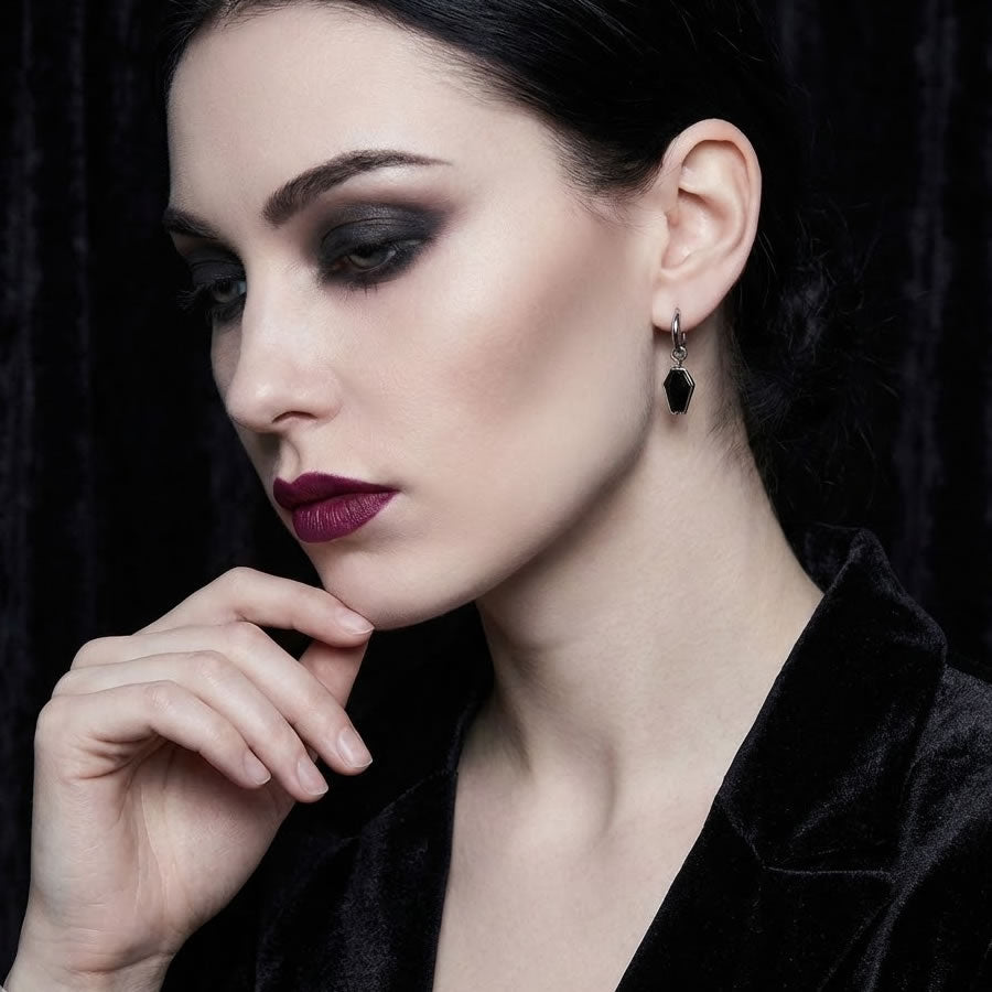Black Stone Coffin Charm Hoop Earrings