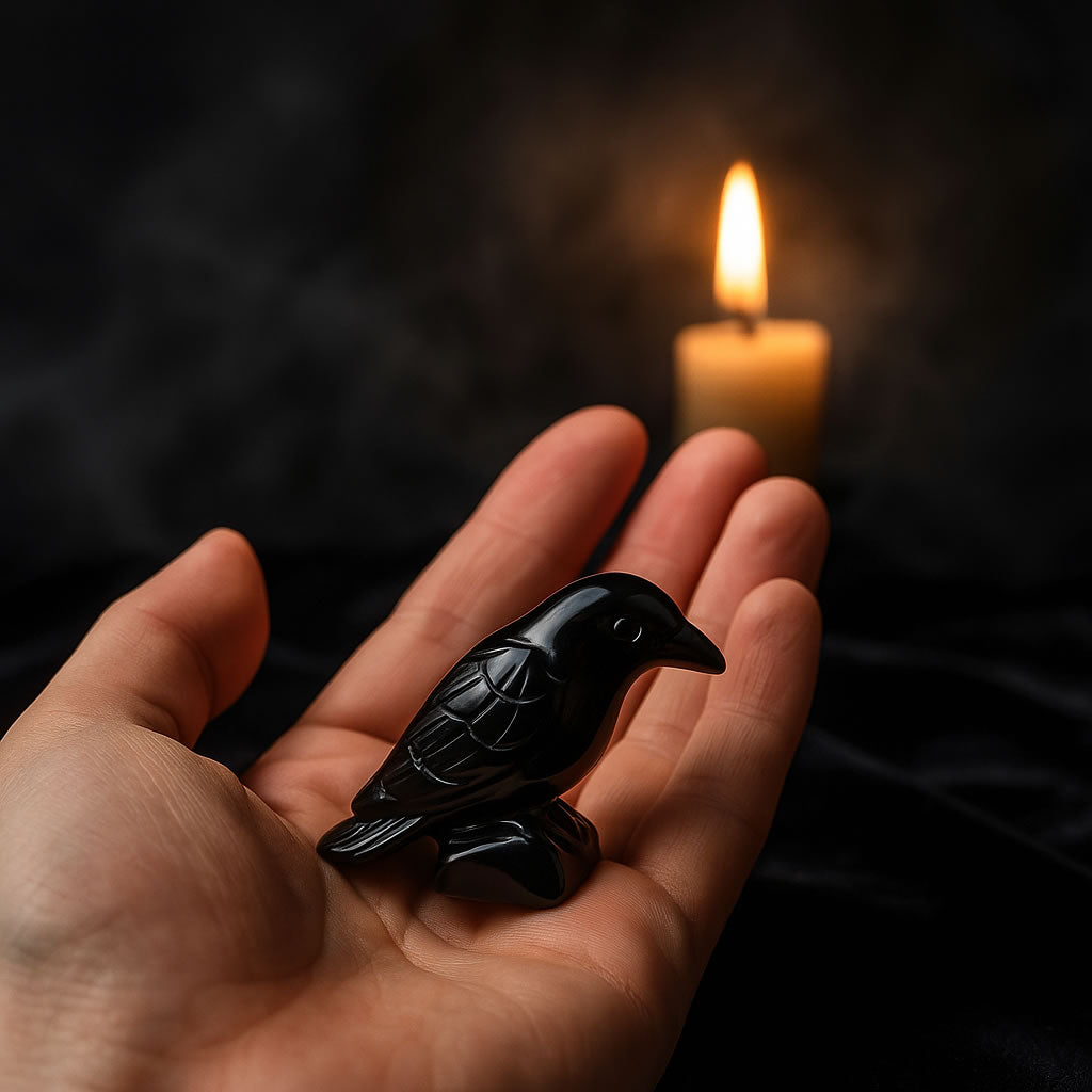 Hand Carved Black Obsidian Crow