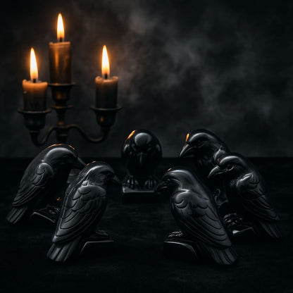 Hand Carved Black Obsidian Crow