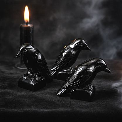 Hand Carved Black Obsidian Crow