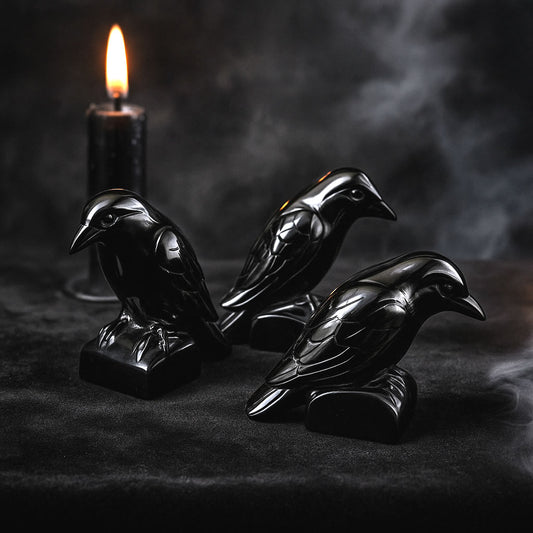 Hand Carved Black Obsidian Crow