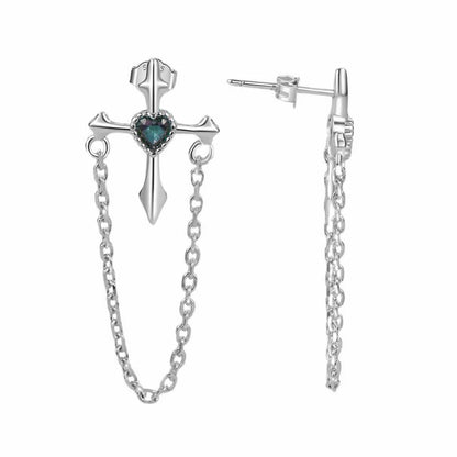 Silver Gothic Cross &amp; Chain Earrings