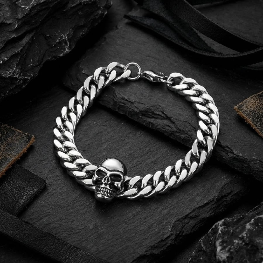 Stainless Steel Chunky Skull Curb Link Bracelet