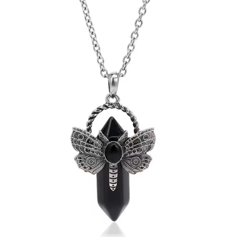 Black Obsidian Moth Crystal Point Necklace